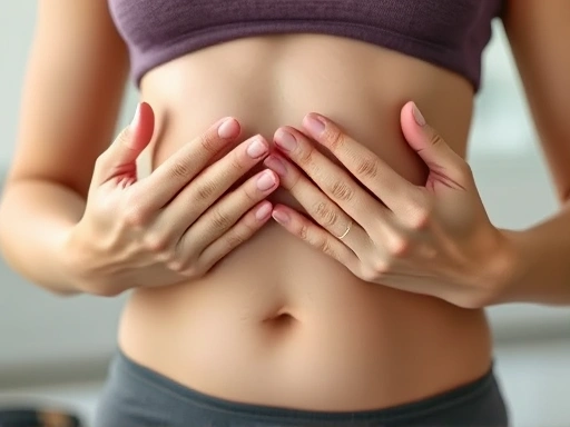A close-up shot of hands practicing deep breathing, with soft focus on the rising and falling abdomen, illustrating effective stress management.