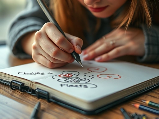 A close-up of a person thoughtfully drawing on a notebook, with abstract lines and colors representing emotions, in a serene and reflective atmosphere.