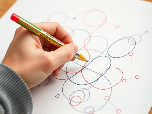 Detailed shot of a hand holding a colorful pen, drawing interconnected lines and circles on a paper, symbolizing emotional connections and patterns.