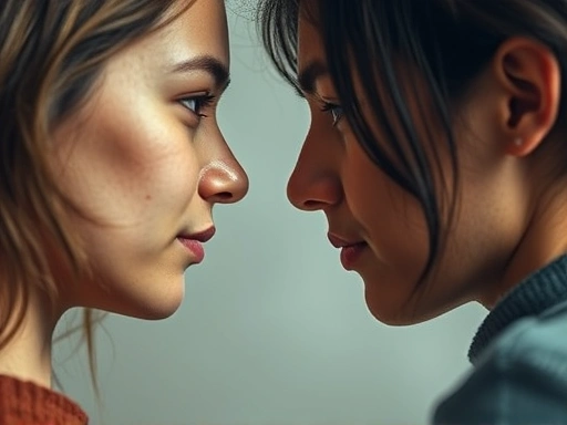 Close-up of two people interacting, one subtly reflecting the other's emotions, with a faint, abstract barrier between them symbolizing healthy emotional boundaries and self-protection.