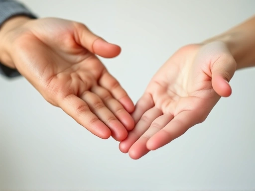 A close-up shot of two hands gently separating, one hand showing subtle signs of stress or tension (e.g., slightly clenched fingers) and the other hand appearing calm and open, symbolizing healthy emotional boundaries and self-protection in interpersonal interactions. The background is softly blurred to emphasize the hands. SEO: emotional boundaries, self-care, stress management, interpersonal relationships, emotional regulation.
