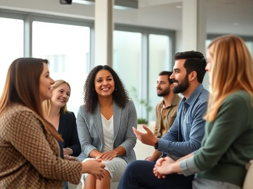 A diverse group of people engaged in active listening and empathetic conversation in a modern, light-filled conference room, showing positive body language and connection. The scene emphasizes emotional intelligence and communication. Use soft, natural lighting.