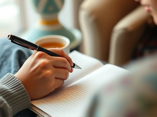 Close-up of a person journaling in a notebook, focused and reflective, with a pen in hand. The setting is calm and personal, suggesting self-awareness and emotional processing. Include details like a warm cup of tea or a comfortable armchair.