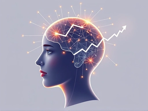 A detailed illustration of a person's head with abstract light lines representing thoughts and emotions, connected to a chart showing growth and improvement, symbolizing emotional intelligence measurement and enhancement. Include elements of self-awareness and personal development. Focus on a clear, clean aesthetic.