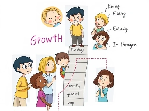 A detailed illustration of a person's emotional growth journey, showing various emotions and developmental stages. Focus on a path or ladder representing progress, with elements of self-awareness and empathy. Use a calm, insightful color palette. Includes concepts like emotional maturity, self-awareness, and personal growth.