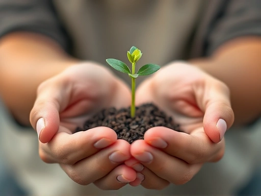 A close-up image showing hands gently holding a small plant with a single budding leaf, symbolizing emotional resilience and continuous development. Focus on the nurturing aspect and delicate new growth. The background is softly blurred to emphasize the hands and plant. Includes emotional maturity, growth, and resilience.