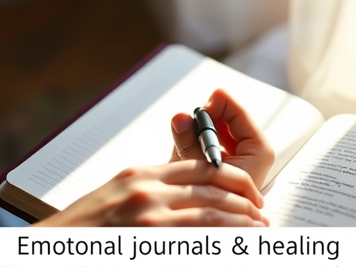 A close-up of a hand writing in a journal, with light shining on the page, representing self-reflection and emotional processing, with keywords emotional journal and healing.