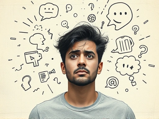 A person looking exhausted and overwhelmed, surrounded by chaotic abstract thoughts, illustrating the concept of emotional overload and its recognition. Soft, slightly muted colors.