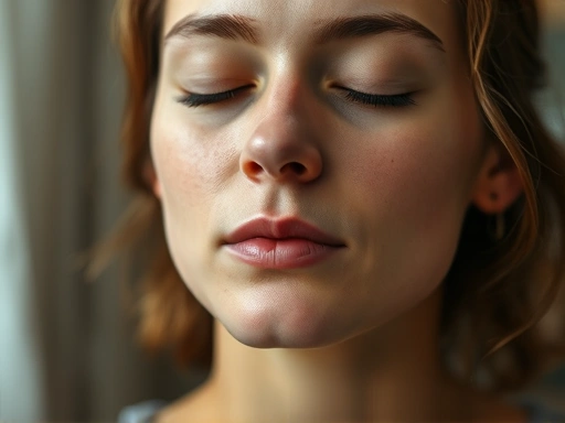 Close-up of a person practicing deep breathing or mindfulness, eyes closed, with a calm expression, illustrating emotional regulation techniques in a peaceful, supportive environment.