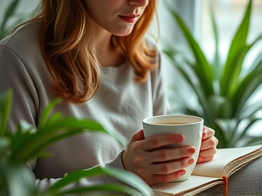 Close-up of a person journaling or meditating calmly, surrounded by elements representing self-care such as lush green plants, a steaming warm cup, and soft, comforting lighting, emphasizing inner peace and well-being.