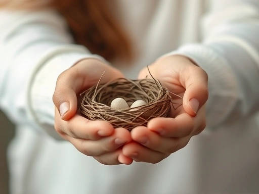 Close-up of a parent's hands gently holding a small, empty bird's nest, emphasizing the feeling of emptiness and the theme of the empty nest syndrome, soft focus background.