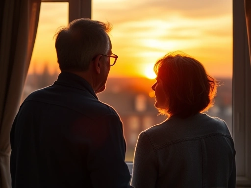 A middle-aged couple looking out a window at a sunset, a sense of quiet reflection but also hope, symbolizing the empty nest syndrome and the beginning of a new phase, warm light, domestic setting.