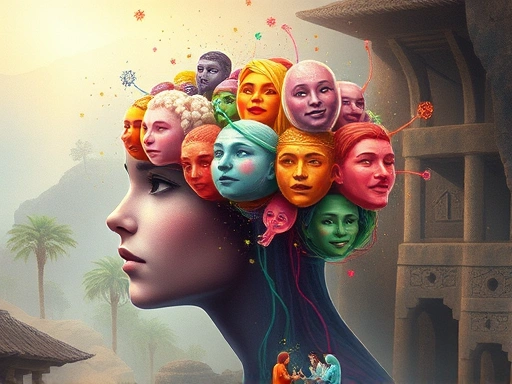 A vibrant illustration of a human brain with light streams representing emotions, connecting to a diverse group of people, symbolizing the evolutionary function of emotions in human connection and survival in a natural, ancient setting.