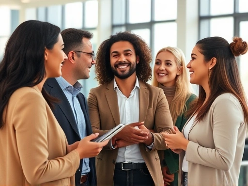 A group of diverse people having a positive first interaction, smiling and engaging in conversation, illustrating the impact of a good first impression in a modern office or social setting, from a slightly elevated perspective.