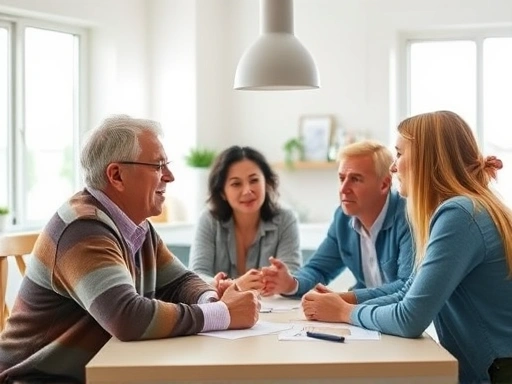 A diverse group of people from different generations, including a senior, a middle-aged person, and a young adult, engaged in a conversation around a table in a bright, modern setting, with visual elements emphasizing understanding and dialogue, in a professional blog post style.