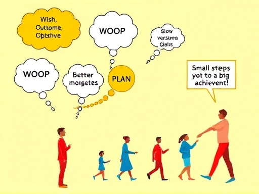 A vibrant image showing various elements of goal setting, including thought bubbles with WOOP (Wish, Outcome, Obstacle, Plan), a person transforming into a better version of themselves for identity-based goals, and small steps leading to a big achievement. The overall scene should convey personal growth and motivation, with clear, positive colors. Focus on abstract concepts rather than specific objects.