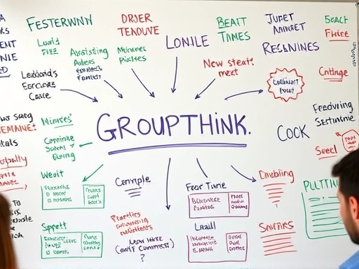 Close-up of a whiteboard filled with diverse and innovative ideas during a healthy brainstorming session, promoting open communication and preventing groupthink.