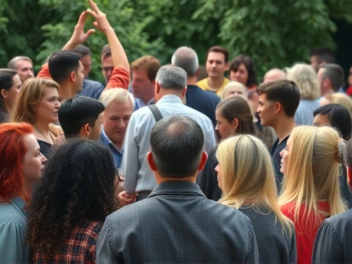 A diverse group of people showing different reactions to a shared leader or symbol, emphasizing the concept of group identity and its impact on individual behavior. The scene is dynamic, with subtle expressions of conformity and individuality. The overall mood is thought-provoking and slightly analytical, with soft, natural lighting.