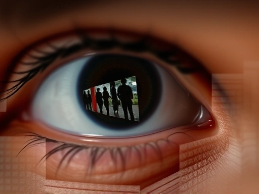 A close-up shot of a human eye with subtle reflections of a crowd or group symbol, symbolizing the internal processing of group identity. The eye expresses contemplation and awareness, with a slight blur in the background to emphasize the individual's perspective within a collective. Focus on the eye's details and the subtle reflections.