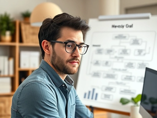 A person looking at a detailed flowchart of their goals and habits, reversing from the end goal, with clarity and determination on their face in a modern, organized home office setting, bright and focused.