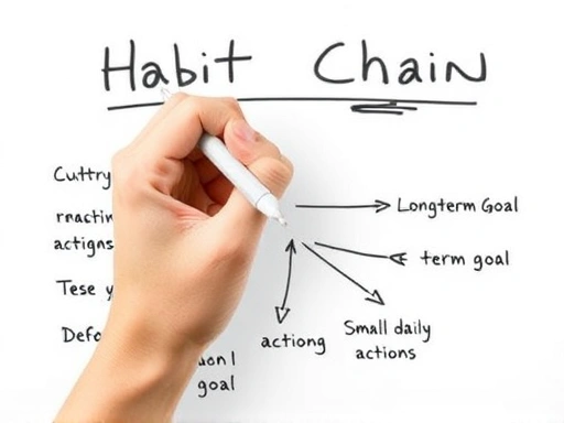 Close-up of a hand drawing a habit chain on a whiteboard or digital tablet, linking small daily actions to a large long-term goal, showing the reverse engineering process clearly with diagrams and arrows.