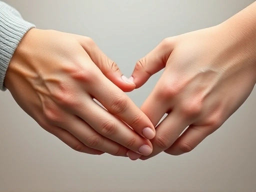 Close-up view of two hands gently connecting, symbolizing empathy and healthy communication in relationships, with faint, clear boundaries separating them, set against a soft, supportive background. Keywords: healthy relationships, communication, boundaries, support, empathy.