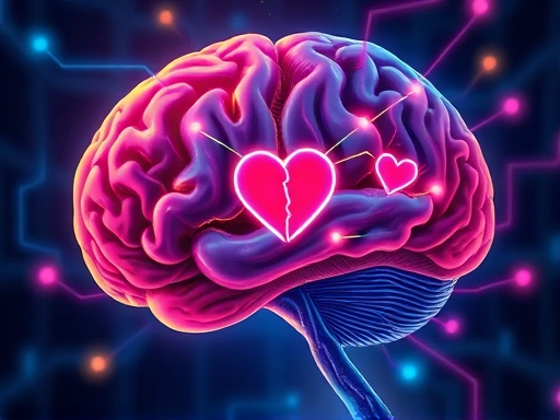 A vibrant, detailed illustration of a human brain with different regions glowing and interconnected, symbolizing complex emotions and neural activity during heartbreak, with a broken heart icon subtly integrated.