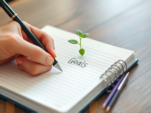 A close-up image of a person's hand writing down goals in a notebook, with a small plant sprouting from the pages, symbolizing growth and consistency. The scene should be calm and focused, highlighting the action of planning and nurturing goals. Include subtle psychological symbols like gears or a compass to represent internal guidance and process.