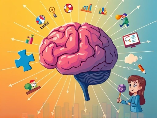 A vibrant illustration showing a human brain with light rays extending from it, connecting various real-world scenarios like a puzzle, a presentation, and a daily life scene, symbolizing knowledge application and learning transfer. Focus on the concept of connecting abstract knowledge to concrete situations.