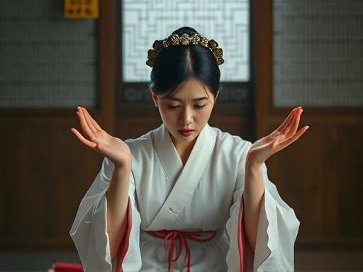 A Korean woman expressing deep, suppressed emotions of 'Han' and 'Bun', sitting in a traditional Korean setting, symbolizing cultural psychological understanding of Hwabyung. Emphasize emotional depth and traditional elements, soft lighting.