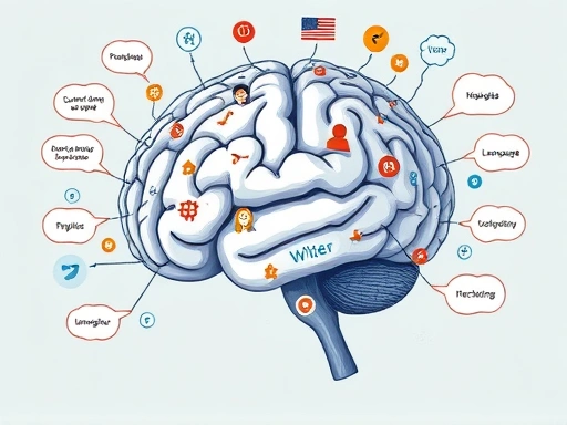 A detailed illustration of a human brain with interconnected linguistic symbols and thought bubbles, representing the complex relationship between language and cognition, in a vibrant and clear digital art style. Emphasize language's influence on thought.
