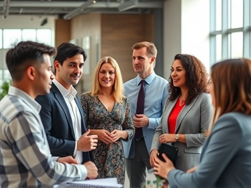 A diverse group of leaders in a modern, collaborative office setting, engaged in positive, ethical communication, with subtle visual cues of trust and respect. Focus on interaction and shared understanding.