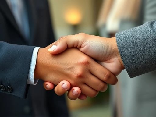 Close-up shot of two diverse hands shaking, one hand gently placed on top of the other, symbolizing trust, agreement, and ethical collaboration in a leadership context. Soft, warm lighting.