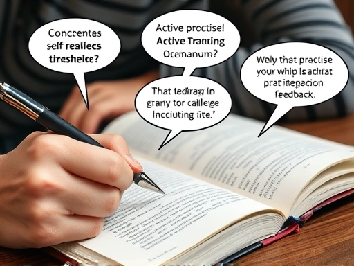 A close-up shot of a person actively writing in a journal or notepad, with thought bubbles showing concepts and real-life scenarios, emphasizing active practice, self-reflection, and feedback in the learning transfer process. Include elements like a pen, open book, and focused expression.