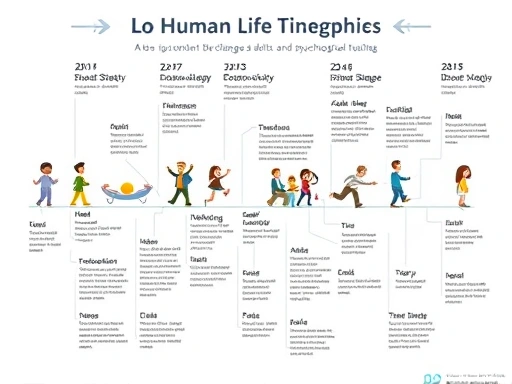 A detailed infographic showing a timeline of human life stages with illustrative icons for each developmental task and psychological challenge, designed for clarity and easy understanding, on a soft pastel background.