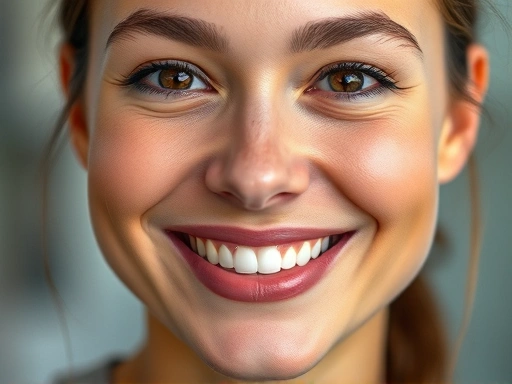 Close-up of a person with a genuine, warm smile making direct eye contact, conveying approachability and confidence, symbolizing effective communication for increasing likeability, with soft, natural lighting.