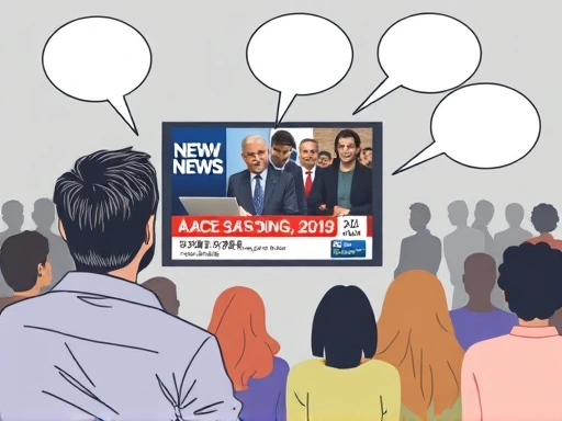 A person watching a news report on a screen, with thought bubbles showing different interpretations, highlighting media influence on perception, in a modern, slightly abstract style, with a diverse group of people in the background.