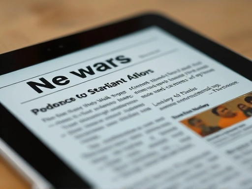 A close-up of a news headline on a tablet, with subtle visual cues suggesting different framing techniques, such as specific words highlighted in an editorial way or a subtle filter applied, emphasizing the framing effect's detailed manipulation.