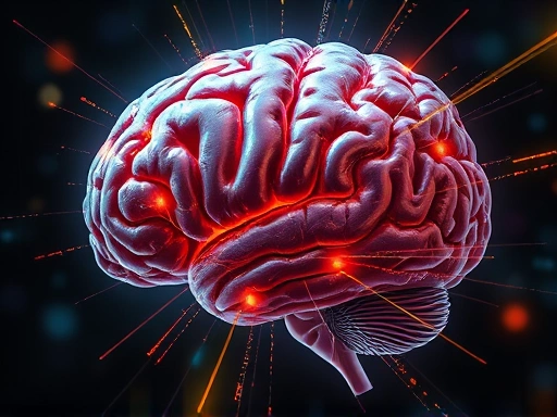 A detailed illustration of a human brain with light streams representing memory pathways, emphasizing distortion and reconstruction, vibrant, scientific.