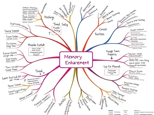 A detailed and vibrant mind map illustrating various memory enhancement techniques, with connections to long-term memory formation and retrieval, set in a bright study environment.