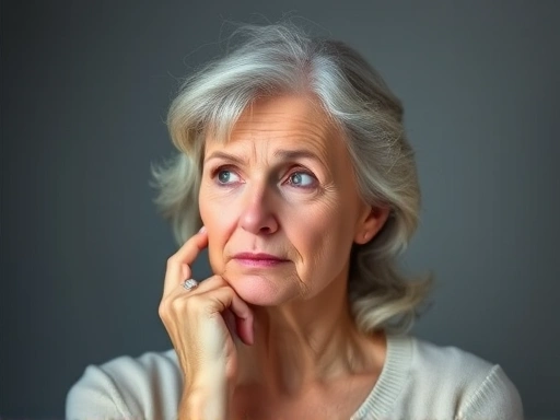 A thoughtful woman experiencing menopause, with a subtle aura of brain fog around her head, trying to recall something, illustrating the impact on cognitive function. Focus on her contemplative expression.