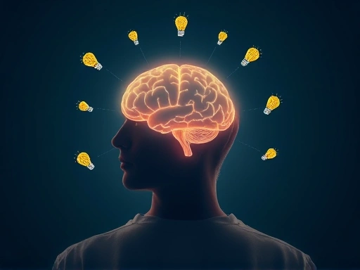 A person with a glowing brain silhouette, surrounded by small, positive elements like lightbulbs and uplifting symbols, representing mental strength and growth in a serene, clean setting.