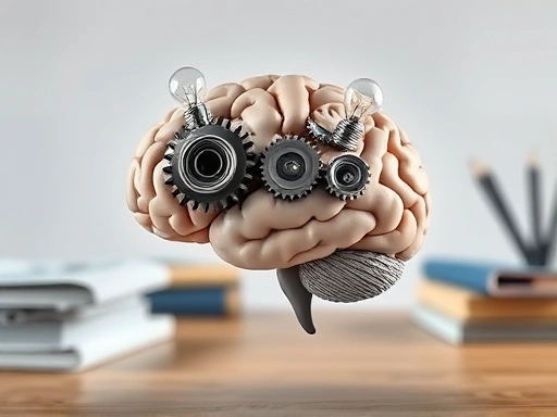 An abstract representation of a brain with gears and lightbulbs, symbolizing metacognition, learning, and enhanced cognitive function, set against a blurred background of study materials, clean and modern design.
