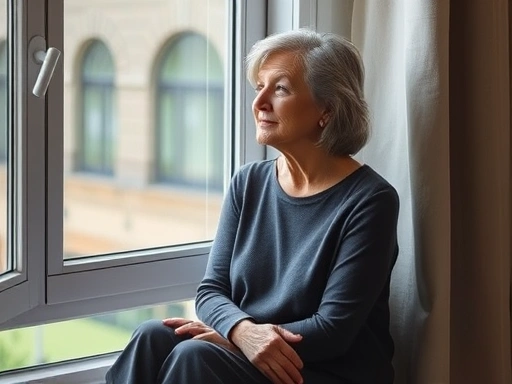 A serene middle-aged woman sitting by a window, contemplating her life journey, with a thoughtful and peaceful expression, representing identity reestablishment and self-reflection in midlife.