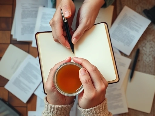 A close-up of hands holding a journal, with a pen, surrounded by scattered notes and a warm cup of tea, symbolizing the intimate process of self-integration and reflection during midlife.
