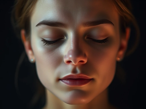 A close-up shot of a person's serene face in deep meditation, with subtle glowing lines emanating from their forehead, symbolizing a calming effect on brainwaves and reduced anxiety.