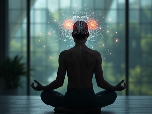 A person meditating calmly, with subtle scientific visualizations of brain activity and neural connections, in a serene and focused environment, emphasizing mental clarity.
