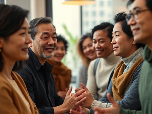 Close-up of a diverse group of people engaged in modern therapeutic activities like group therapy or mindfulness, symbolizing modern treatment approaches for Hwabyung and emotional healing. Focus on expressions of relief and connection, warm and inviting atmosphere.
