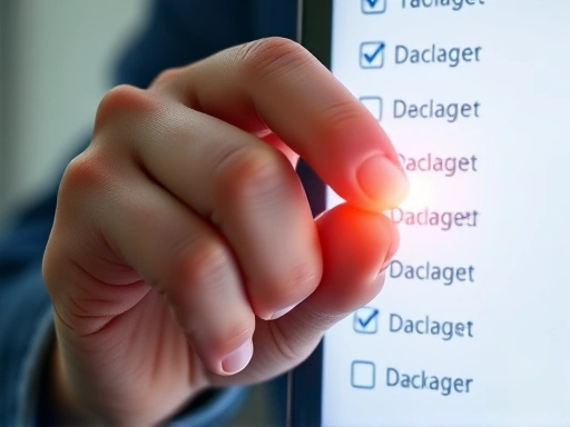 Close-up of a person's hand checking off a task on a digital to-do list, with a subtle glow representing a dopamine release, emphasizing the feeling of accomplishment and immediate reward.