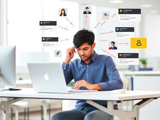 A person sitting at a modern desk with a laptop, looking overwhelmed by multiple open tabs and notifications, symbolizing the negative effects of multitasking on the brain, in a bright, clean office environment.